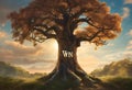 AI-generated illustration of a tall, mature tree with the word Win carved into its bark Royalty Free Stock Photo