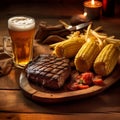 AI generated illustration of A tantalizing plate of steak and chips with a refreshing glass of beer