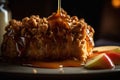 AI generated illustration of a tasty apple crumble cake topped with caramel sauce