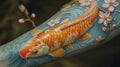 AI generated illustration of a tattoo of an orange koi fish and delicate cherry blossoms