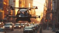 AI generated illustration of a taxi drone flying over the streets of a city
