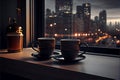 AI-generated illustration of tea cups, saucers placed by the window, a bokeh night view