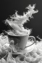 AI-generated illustration of Teacup filled with milk, swirling with white smoke, stirred in mid-air