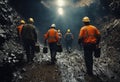 AI generated illustration of a team of coal miners walking through a dark underground tunnel