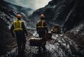 AI generated illustration of a team of coal miners walking through a rocky landscape