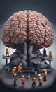 AI generated illustration of workers repairing and fixing a giant human brain