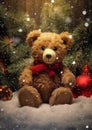 AI generated illustration of a teddy bear siting on snow with a Christmas tree behind it