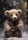 AI generated illustration of A teddy bear standing in a street with snow falling in the background