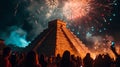 AI-generated illustration of the Temple of Kukulcan illuminated by New Year fireworks. Chichen Itza