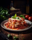 AI generated illustration of a tempting plate of spaghetti lasagna showcasing layers of cheese