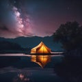 AI generated illustration of tents on lake shore under starlit sky Royalty Free Stock Photo