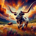 AI-generated illustration of Texas Longhorn cattle standing in a grassy field