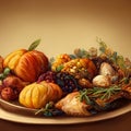 AI generated illustration of Thanksgiving pumpkins and fruits in a tray