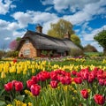 AI generated illustration of thatched roof house surrounded by vibrant tulips