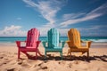 AI-generated illustration of three Adirondack chairs positioned on a beach against the blue ocean