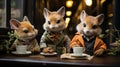 three little chipmunks enjoying tea at a restaurant together
