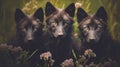 AI generated illustration of three adorable gray wolf cubs side by side in a lush forest Royalty Free Stock Photo