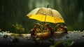 AI generated illustration of three ants in the rain under a small yellow umbrella on a log