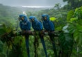 three blue parrots sitting on a branch in the jungle Royalty Free Stock Photo