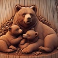 AI generated illustration of three carved bears, one large brown, sitting closely together Royalty Free Stock Photo