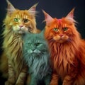 AI generated illustration of three cats of orange, yellow and green coat colors sitting togethe