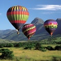 three hot air balloons fly above the hills and valleys of a grassy plain