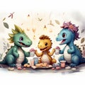 AI generated illustration of three dinosaurs enjoying a sweet treat at a table while smiling