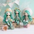 AI generated illustration of three dolls with blue hair perched on a wooden block with flowers Royalty Free Stock Photo