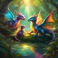 AI generated illustration of three dragons in a lush green jungle