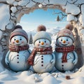 AI generated illustration of three festive snowmen adorned with hats and scarves in winter