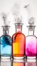 AI generated illustration of three flasks with colorful liquids isolated on a white background Royalty Free Stock Photo