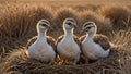 AI generated illustration of three fledglings on a dry grassy area in the nest