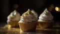 AI generated illustration of three freshly-baked cupcakes with creamy white frosting