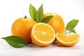 AI-generated illustration of three freshly cut oranges arranged in a group on a white backdrop