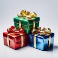 AI generated illustration of three gift boxes of assorted sizes adorned with festive bows Royalty Free Stock Photo
