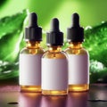 AI generated illustration of three glass bottles filled with oil on a green background Royalty Free Stock Photo
