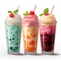 AI generated illustration of three glasses of colorful beverages decorated with fresh strawberries