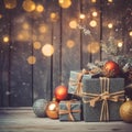 Three gleaming silver gifts, exquisitely wrapped and tied with ribbon, sit atop a wooden table Royalty Free Stock Photo
