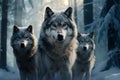 AI generated illustration of Three gray wolves standing together in a snowy winter forest Royalty Free Stock Photo