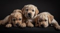 three puppies laying on a black surface, one is looking directly at the camera