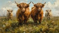 a painting shows three longhorns standing in the grass Royalty Free Stock Photo