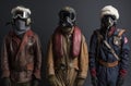 AI generated illustration of three male soldiers wearing gas masks and jackets