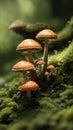 three mushrooms sitting on a mossy surface with green foliage