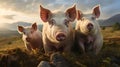 AI generated illustration of three pigs stand in a grassy field, facing each other