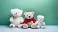 AI generated illustration of three plush stuffed teddy bears on a green background