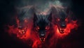 AI generated illustration of Three red fire wolf heads with bared fangs against a black background