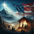 a nativity scene with three shepherds and the american flag