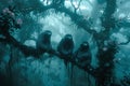 AI-generated illustration of three sloths on a tree branch in a misty forest