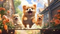 AI generated illustration of three small puppies running joyfully