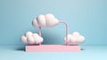 three cloud shaped pink sculptures stand on a blue surface in the middle